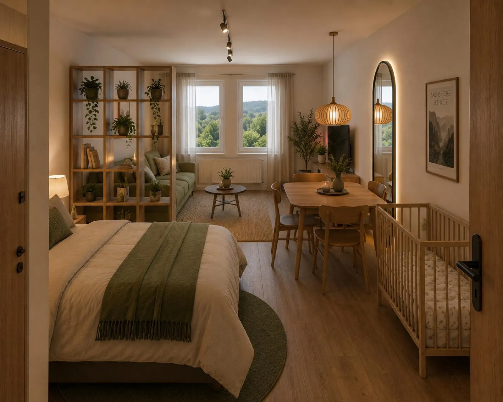 Essbereich mit Blick ins Grüne und Kinderbett