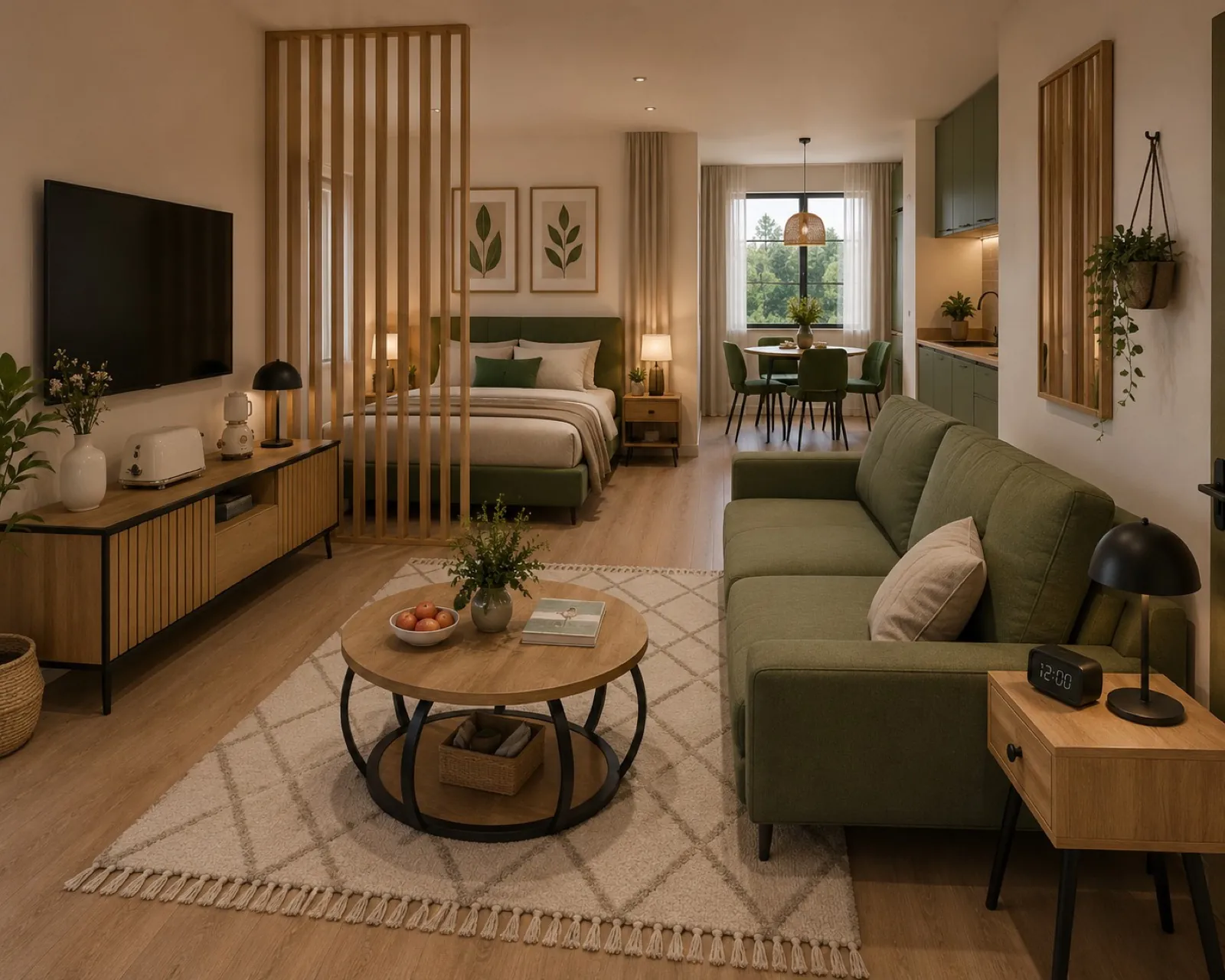 Wohnbereich mit grünem Sofa und Eichenholz-Möbeln